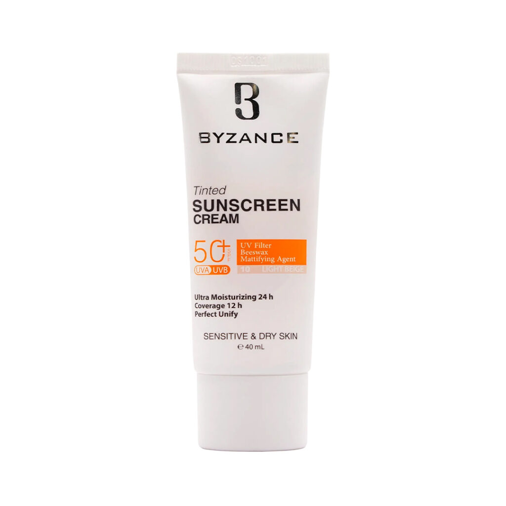 کرم ضد آفتاب رنگی SPF50 پوست خشک بژ روشن 10 بیزانس | Byzance