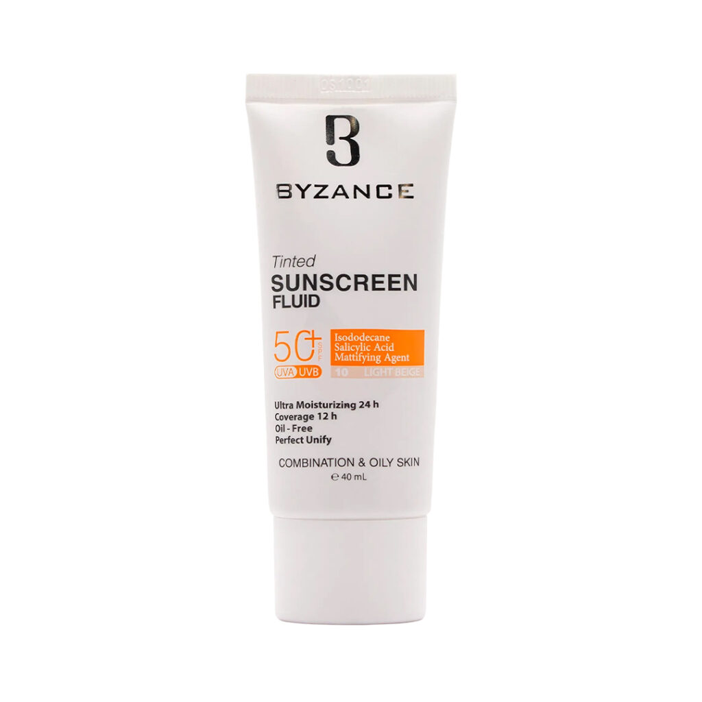 کرم ضد آفتاب رنگی SPF50 پوست چرب بژ روشن 10 بیزانس | Byzance