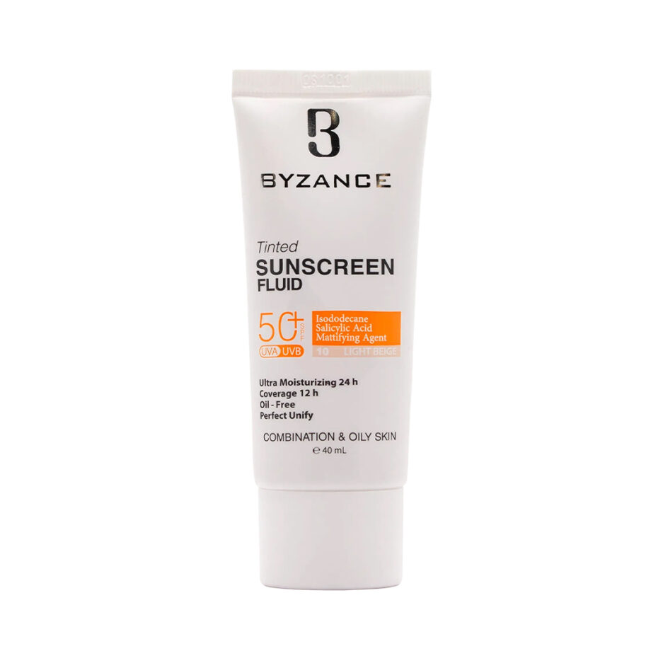 کرم ضد آفتاب رنگی SPF50 پوست چرب بژ روشن 10 بیزانس | Byzance